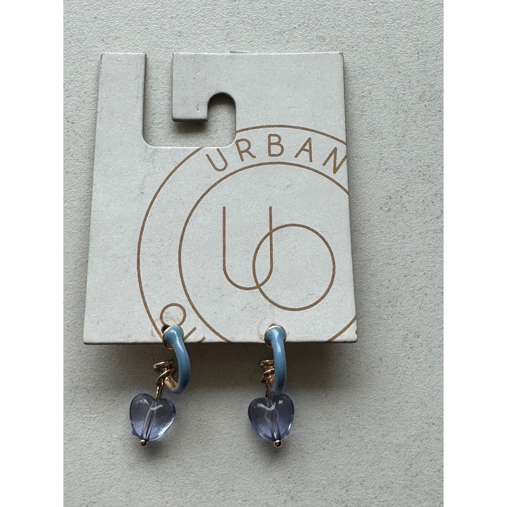 Urban Outfitters UO Blue Enamel Gold Tone Glass Heart Drop Hoop Earrings NEW